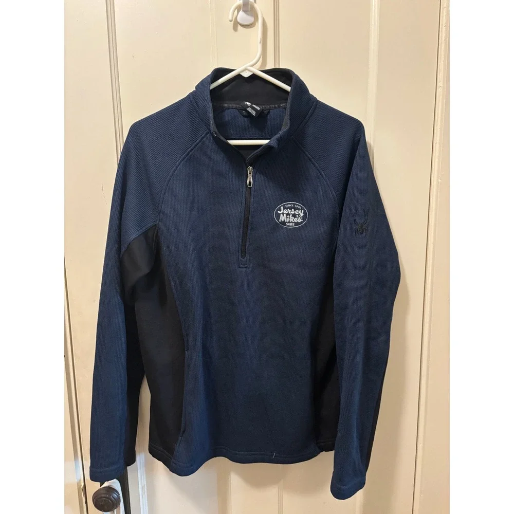 Spyder Mens Navy Blue Quarter Zip Pullover Jersey Mikes Logo Waffle Knit Medium